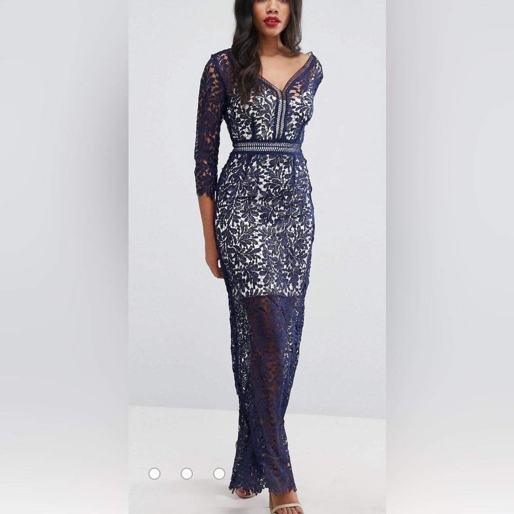 Little Mistress Navy and White Lace Maxi Dress